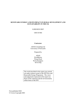 Renewable Energy and Its Impact on Rural Development and Sustainability in the Uk