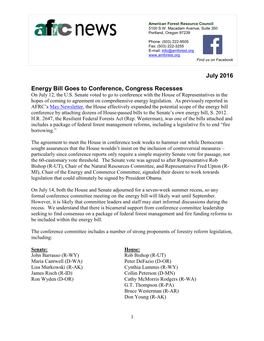 July 2016 Energy Bill Goes to Conference, Congress Recesses