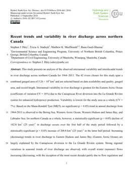 Recent Trends and Variability in River Discharge Across Northern Canada Stephen J