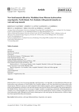 Zootaxa, New Fossil Mussels (Bivalvia: Mytilidae)