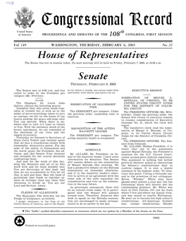 Congressional Record United States Th of America PROCEEDINGS and DEBATES of the 108 CONGRESS, FIRST SESSION