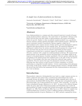 A Single Loss of Photosynthesis in Diatoms