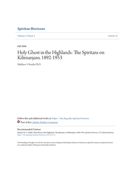 Holy Ghost in the Highlands: the Spiritans on Kilimanjaro, 1892-19531