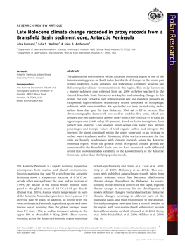 Late Holocene Climate Change Recorded in Proxy Records from a Bransﬁeld Basin Sediment Core, Antarctic Peninsula Alex Barnard,1 Julia S