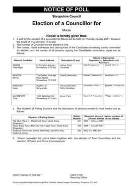 NOTICE of POLL Election of a Councillor