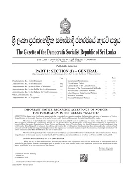 The Gazette of the Democratic Socialist Republic of Sri Lanka Wxl 2"113 – 2019 Ud¾;= Ui 01 Jeks Isl=Rdod – 2019'03'01 No