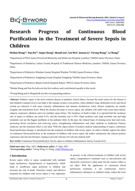 Research Progress of Continuous Blood Purification in the Treatment of Severe Sepsis in Children