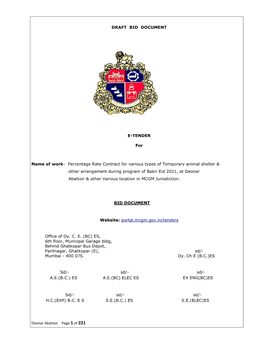 Deonar Abattoir Page 1 of 221 DRAFT BID DOCUMENT E-TENDER for Name of Work- Percentage Rate Contract for Various Types Of