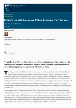 Turkey's Kurdish-Language Policy: Learning from Europe by Soner Cagaptay, Tyler Evans