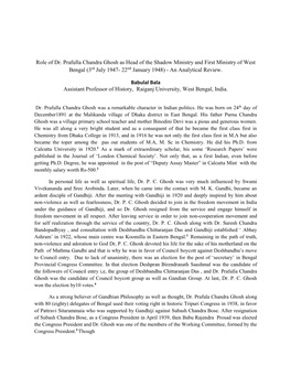 Role of Dr. Prafulla Chandra Ghosh As Head of the Shadow Ministry and First Ministry of West Bengal (3Rd July 1947- 22Nd January 1948) - an Analytical Review