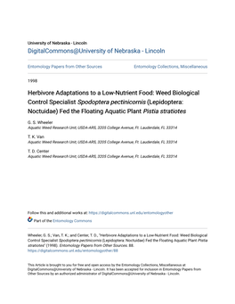 Weed Biological Control Specialist Spodoptera Pectinicornis (Lepidoptera: Noctuidae) Fed the Floating Aquatic Plant Pistia Stratiotes