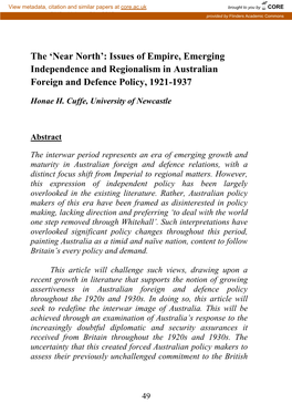 Issues of Empire, Emerging Independence and Regionalism in Australian Foreign and Defence Policy, 1921-1937