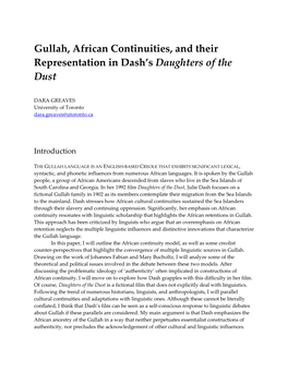 Gullah, African Continuities, and Their Representation in Dash's Daughters of the Dust