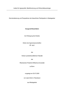 Demokratisierung Und Perspektiven Der Bäuerlichen Partizipation in Madagaskar