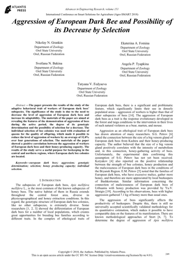 Aggression of European Dark Bee and Possibility of Its Decrease by Selection