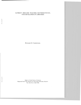 Alfred T. Bra Uer: Teacher, Mathematician, and Developer of Libraries