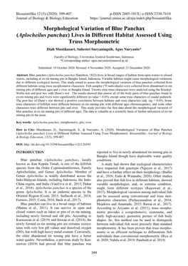 Aplocheilus Panchax) Lives in Different Habitat Assessed Using Truss Morphometric Diah Mustikasari, Suhestri Suryaningsih, Agus Nuryanto*