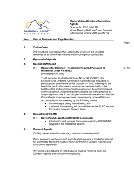 Electoral Area Directors Committee Agenda October 14, 2020; 9:00 AM Virtual Meeting Held Via Zoom Pursuant to Ministerial Orders M085 and M192