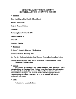 Autobiographical Sketch Ofjacob Peart Publishing Date: October 8,1872 Evaluator's Name(S)