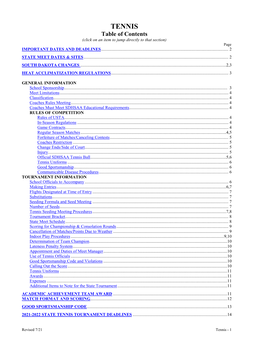 TENNIS Table of Contents (Click on an Item to Jump Directly to That Section) Page IMPORTANT DATES and DEADLINES