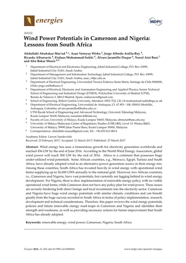 Wind Power Potentials in Cameroon and Nigeria: Lessons from South Africa