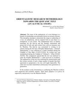 Orientalistic Research Methodology Towards the Qur'anic Text