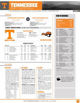 2018-19 SCHEDULE #6 TENNESSEE VOLUNTEERS TUSCULUM PIONEERS (DII) Vs 0-0 | 0-0 SEC 0-0 | 0-0 SAC RECORD 0-0-0 Head Coach: Rick Barnes Head Coach: J.T