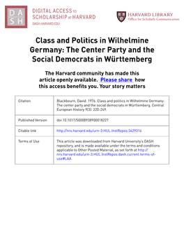 Class and Politics in Wilhelmine Germany: the Center Party and the Social Democrats in Württemberg