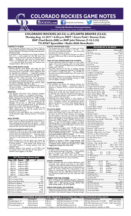 Colorado Rockies Game Notes