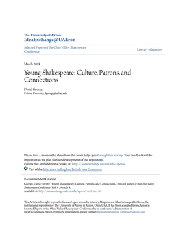 Young Shakespeare: Culture, Patrons, and Connections David George Urbana University, Dgeorge@Urban.Edu