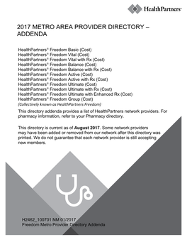 2017 Metro Area Provider Directory – Addenda