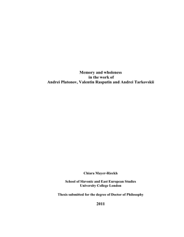 Memory and Wholeness in the Work of Andrei Platonov, Valentin Rasputin and Andrei Tarkovskii