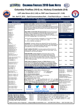 COLUMBIA FIREFLIES 2018 GAME NOTES Columbia Fireflies (10-5) Vs