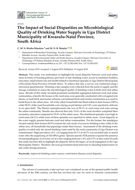 The Impact of Social Disparities on Microbiological Quality of Drinking Water Supply in Ugu District Municipality of Kwazulu-Natal Province, South Africa