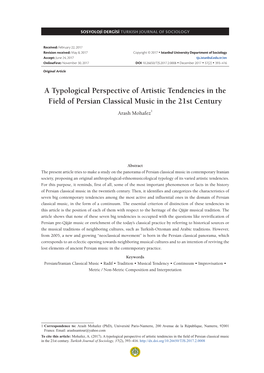 A Typological Perspective of Artistic Tendencies in the Field of Persian Classical Music in the 21St Century