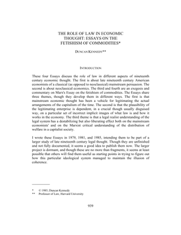 The Role of Law in Economic Thought: Essays on the Fetishism of Commodities*