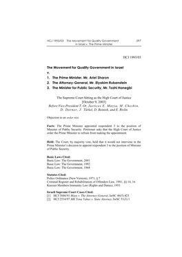 HCJ 1993/03 the Movement for Quality Government in Israel V. 1. the Prime Minister, Mr. Ariel Sharon 2. the Attorney-General, Mr