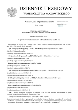 Uchwala Nr XXXI/291/20 Z Dnia 15 Pazdziernika 2020 R