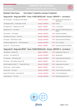 2021/2022 Horario De Partidos