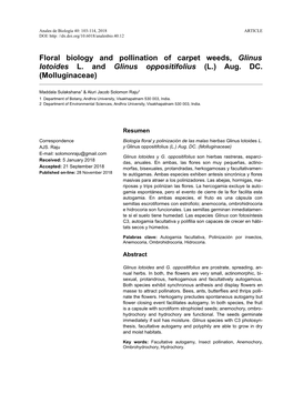 Floral Biology and Pollination of Carpet Weeds, Glinus Lotoides L. and Glinus Oppositifolius (L.) Aug