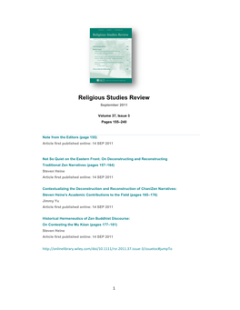 Religious Studies Review September 2011