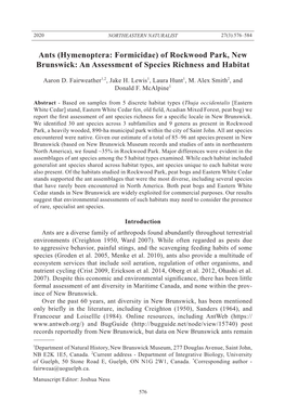 Hymenoptera: Formicidae) of Rockwood Park, New Brunswick: an Assessment of Species Richness and Habitat