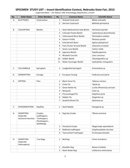 SPECIMEN STUDY LIST -- Insect Identification Contest, Nebraska State Fair, 2013 Superintendent -- Jim Kalisch, UNL Entomology Department, Lincoln No