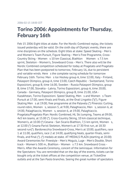 Torino 2006: Appointments for Thursday, February 16Th