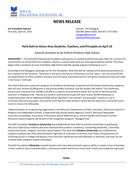 Herb Kohl to Honor Area Students, Teachers, and Principals on April 16