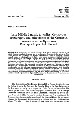 Late Middle Jurassic to Earliest Cretaceous Stratigraphy and Microfacies of the Czorsztyn Succession in the Spisz Area, Pieniny Klippen Belt, Poland