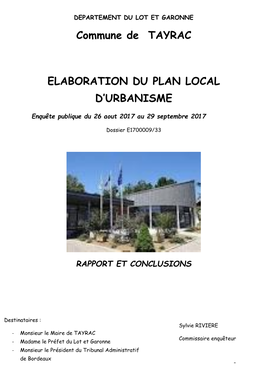 Commune De TAYRAC ELABORATION DU PLAN LOCAL