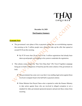 December 16, 2020 Thai Enquirer Summary Economic News • The