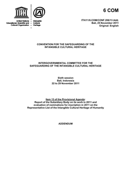ITH/11/6.COM/CONF.206/13 Add. Bali, 25 November 2011 Original: English