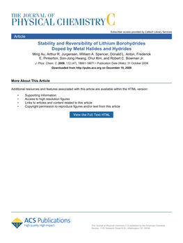 Stability and Reversibility of Lithium Borohydrides Doped by Metal Halides and Hydrides Ming Au, Arthur R